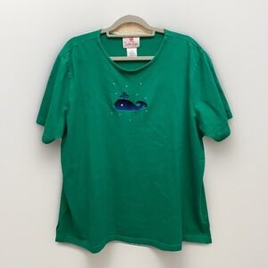 Quacker Factory 2XL Green S/S Top Navy Embroidered‎ Whale Preppy Cruisewear